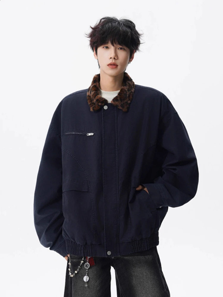 Leopard Collar Cargo Jacket Men American Vintage Washed Distressed Denim Coat Oversized Utility Street Edgy Fall Outwear 251017