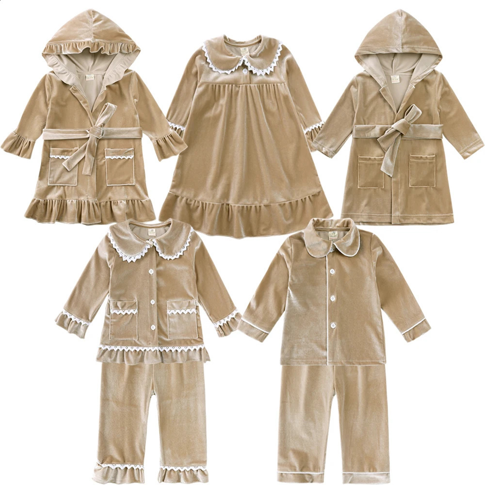 2025 Christmas Kids Costume Red Velvet Long Sleeve Pyjamas Sets Family Match Toddler Boy Girl Robes Dress Suit Xmas Gift Clothes 251027