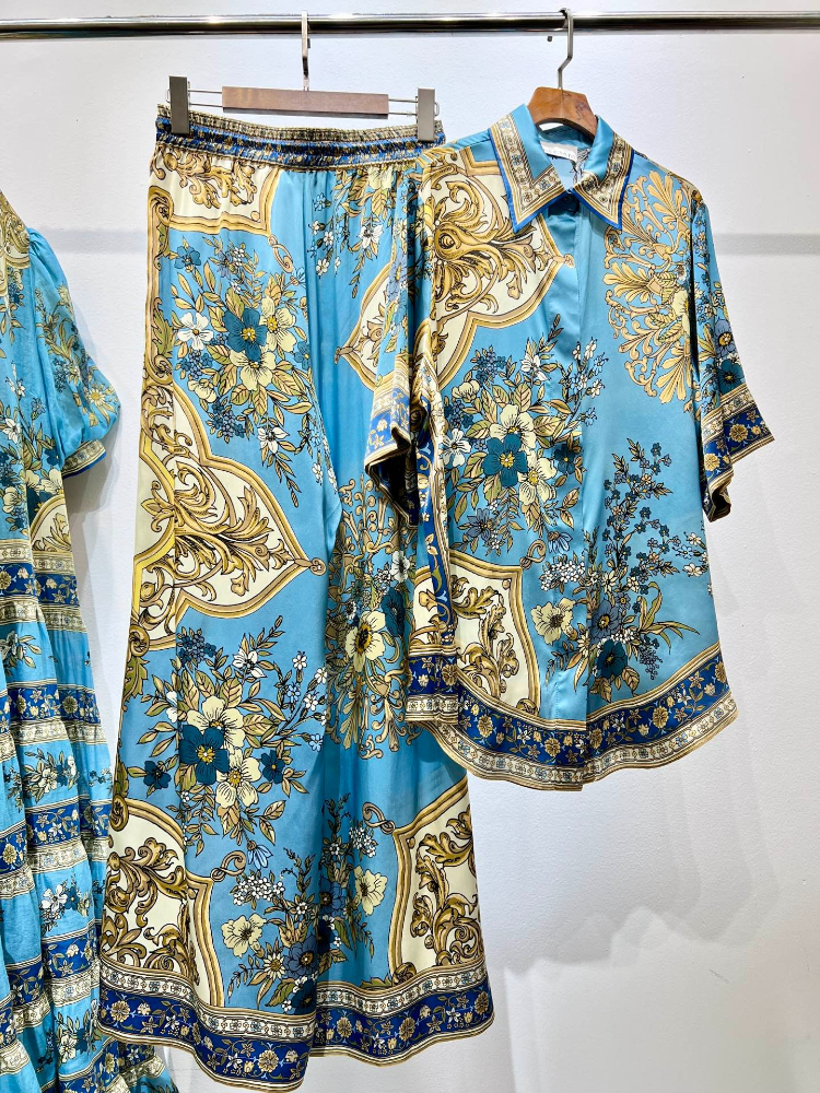 Australian silk pants set designer luxury blue printed loose shirt pants set 2025 new vacation two-piece set55