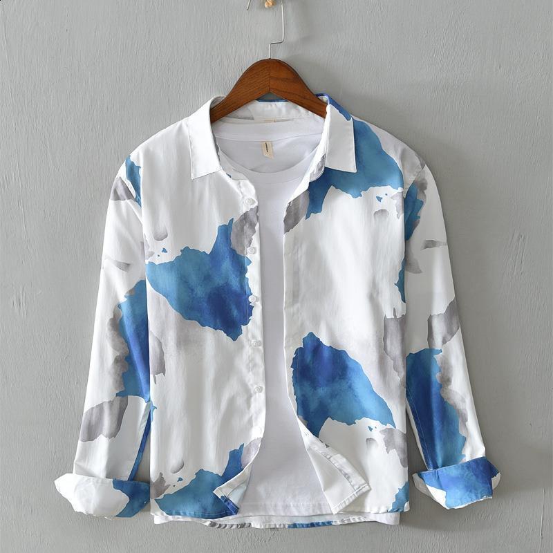 Spring and Autumn style lapel fashionable long sleeved mens printed button patch work shirt Korean style pure cotton top240802