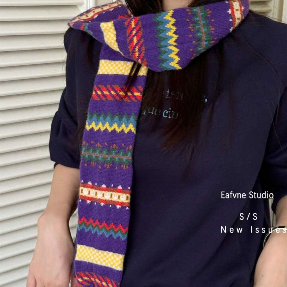 Vintage Dreamy Purple Retro Striped Pom-Pom Scarf Short Autumn Winter Warm Neck Warmer for Women Jacquard