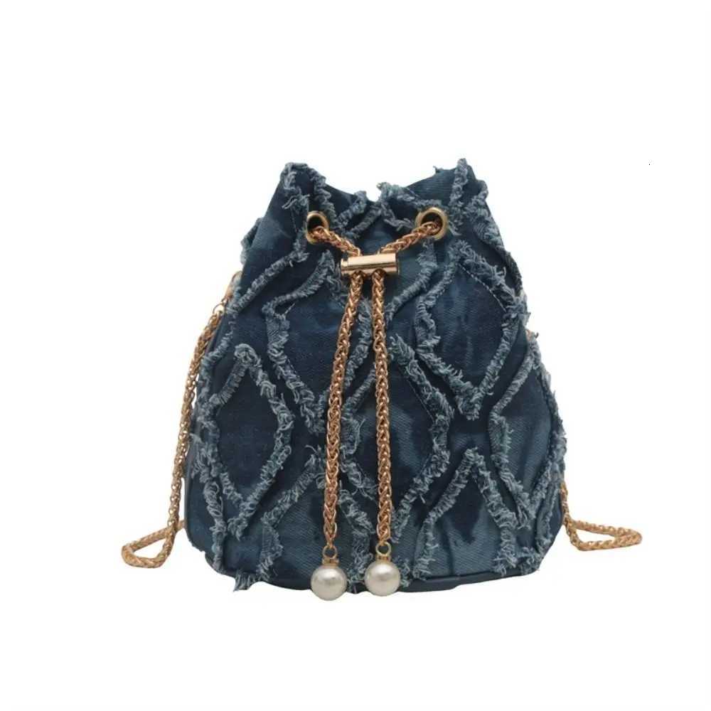 Portable Pearl Denim Bucket Bag Chain Small Purse Tassel Denim Crossbody Bag Korean Style Handbag Cloth Shoulder Bag PartyW251028