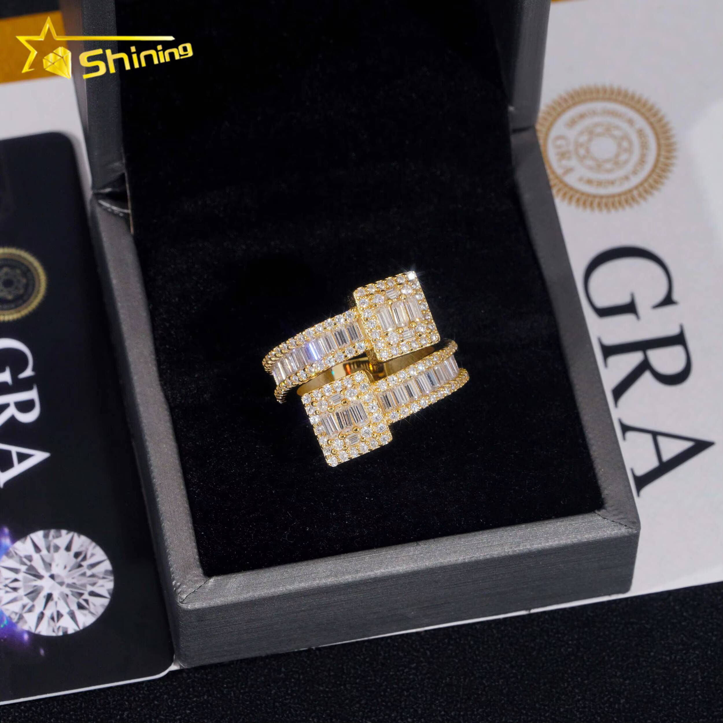 Fast Shipping Baguette Moissanite Mens Ring 925 Silver Iced Out Hip Hop Fine Jewelry Gold Plated Men Ring