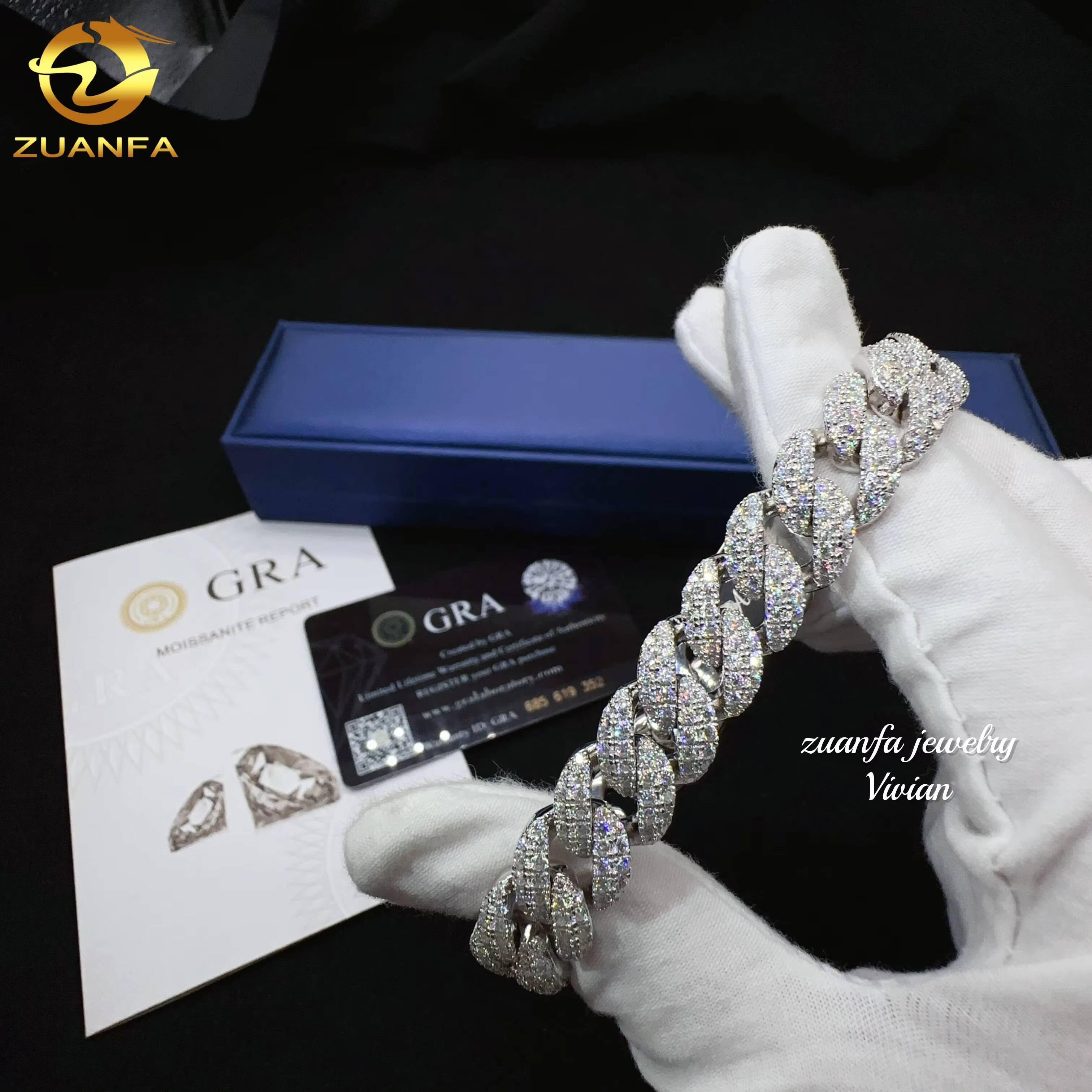Fashion Fine Jewelry Sterling Silver 925 Vvs Moissanite Lab Diamond Hip Hop Iced Out Jewelry 12mm Cuban Link Chain Bracelet Men