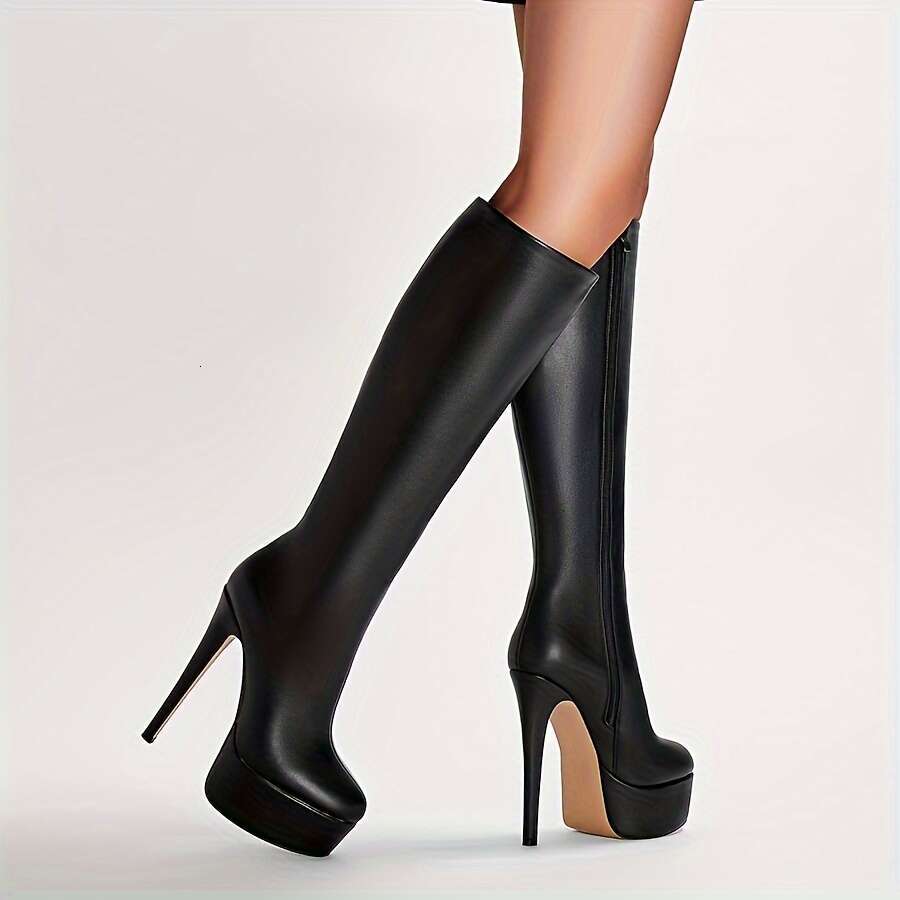 Women's Quality Platform High-Heeled Knee-High Glossy Black Zipper Closure, Ultra-High Heel Round Toe Elegant Events, Parties, Attire Comfortable