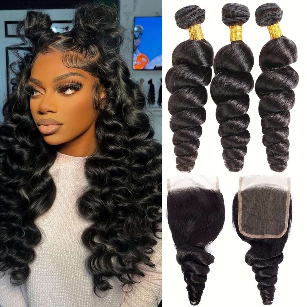 3 Bundles Brazilian Virgin - Natural Black Weave Women, Long Loose Wave Curly With & Length, Natural-Looking Hairline, High-Quality Lace Closure