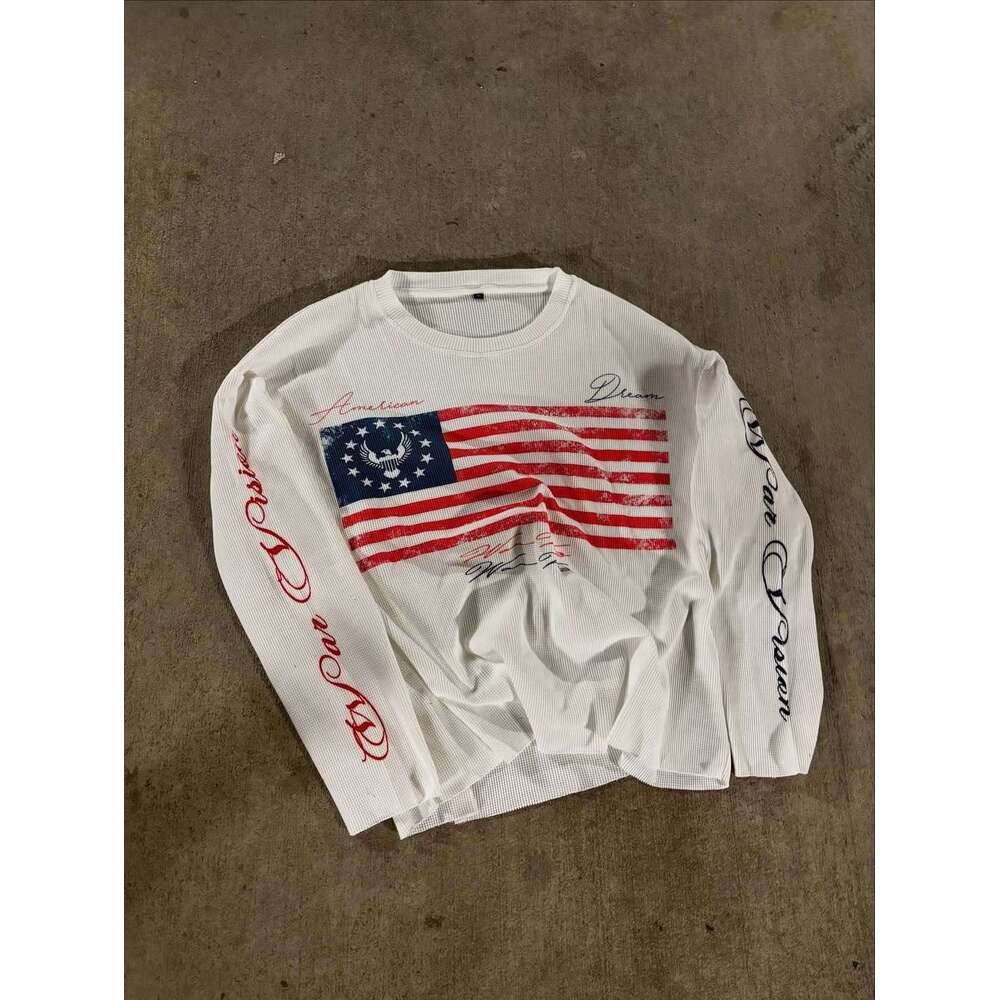 American Street Style USA Flag Letter Print Pattern Unisex Fashion Loose Pullover Top