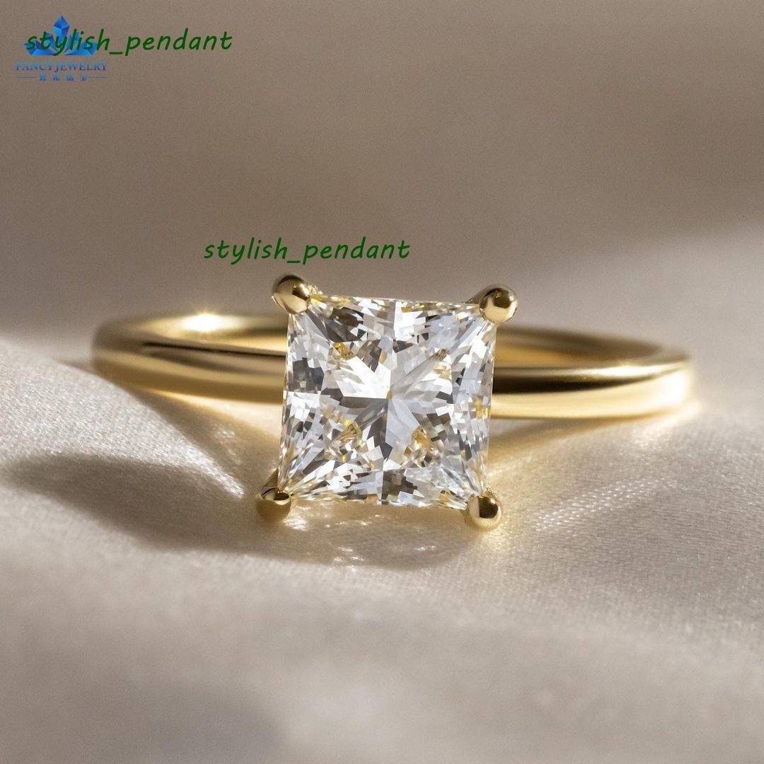 Fancy Jewelry Boutique 2CT Square Diamond 18k Solid Yellow Gold Moissanite Engagement Ring for Marriage