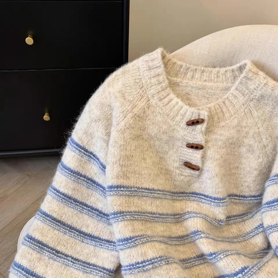 Knitted Button Pullover Oneck Womens Sweater Retro Stripe Jumper 2025 Fashion Casual Winter Knitwear 251027