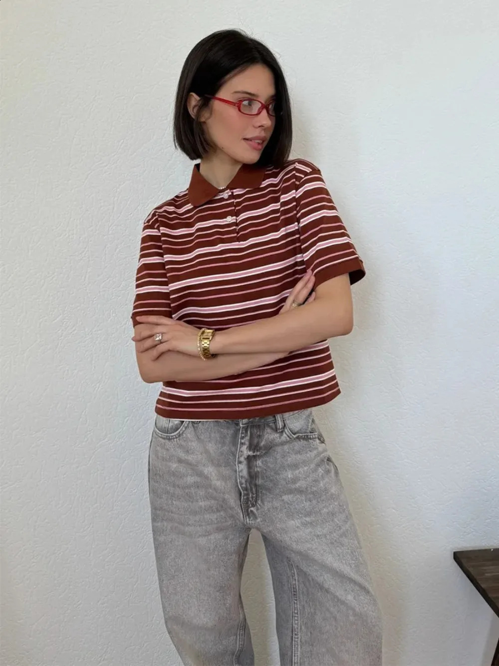 Retro Contrasting Striped Polo Shirt Spring and Summer Women Elegant College Style Casual Cotton Soft Short Sleeved Tshirt 251027