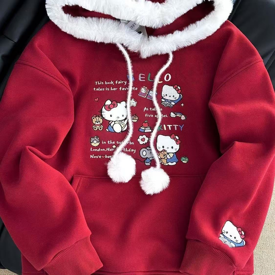 Sanrio KT Cat Embroidery Pure Cotton Girls' and Tweens' Thickened and Fleece-Lined Warm Hooded Sweatshirt Coat L251028