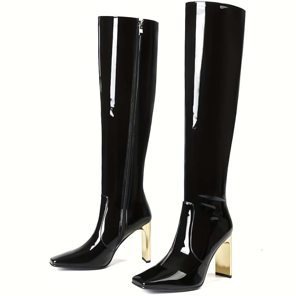Women's Black Knee-High Combat With Side Zipper Square Toe - Chunky Heel Glossy PU Cover Punk Women, All-Season Versatile Footwear For Dresses & 