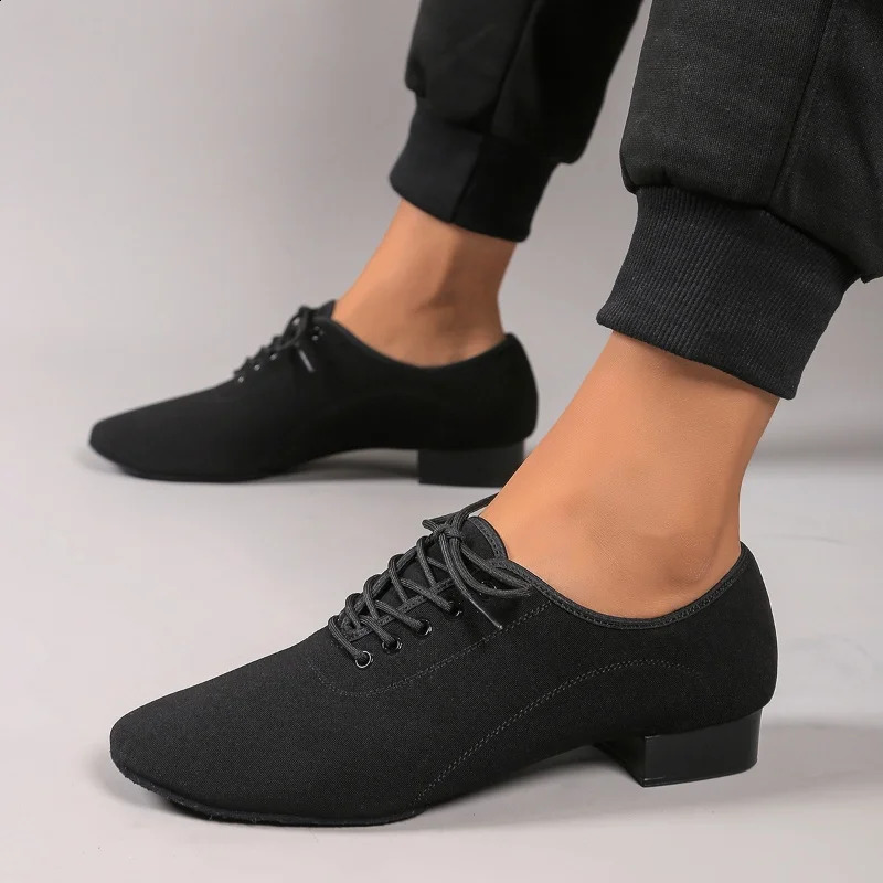 Mens black stretch fabric Latin dance shoes soft and comfortable with twopoint soles also suitable as modern dance shoes 251023ww