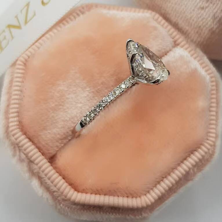 925 Sterling Silver Jewelry 1Ct Pear Hidden Halo Ring Moissanite Wedding Ring