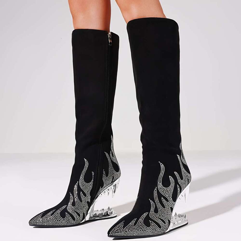 Pointed Rhinestone Wolf Teeth Heel Women's Large Long High Barrel Fashion Boots