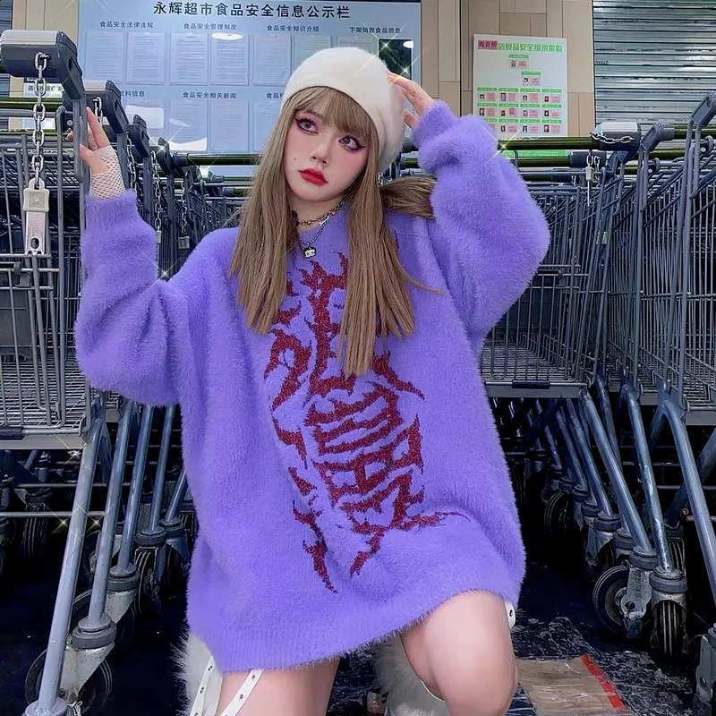 KOSAHIKI Romance Letter Print Japanese 2k Vintage Sweater Women Knitted Purple Pullover 2025 Harajuku Loose Mihair Jumper 251027