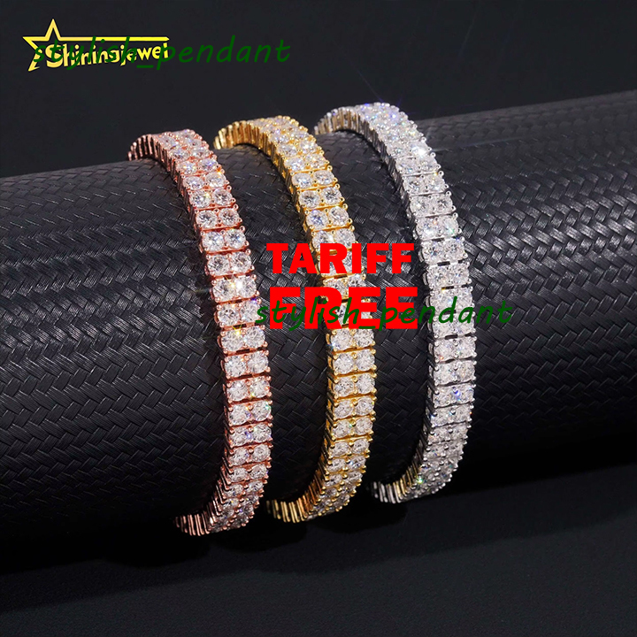 2rows VVS GRA Moissanite Tennis Bracelet Sterling Silver 925 Luxury Gold Plated Moissanite Hip Hop Tennis Chain Jewelry