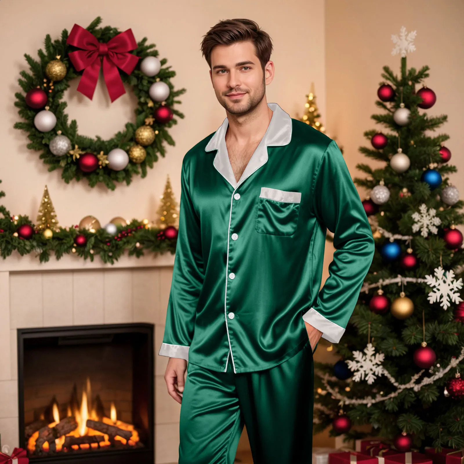 Christmas Family Outfits For Dad And Mom Satin Pajama 2 Piece Sets Long Sleeve Blouse Shirt With Pant Matching Sets Adult Xmas 251027