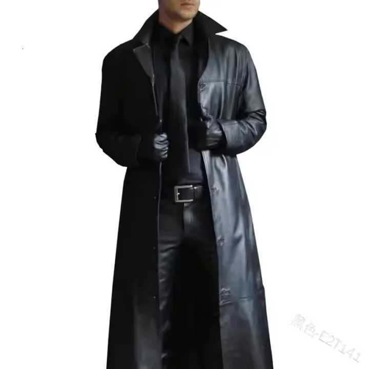 2022 Mens Long Gothic Moto Biker Windbreaker PU Leather Trench Coat Jacket Black Casual Punk Outwear Zipper Plain Dyed Canvas X2510281