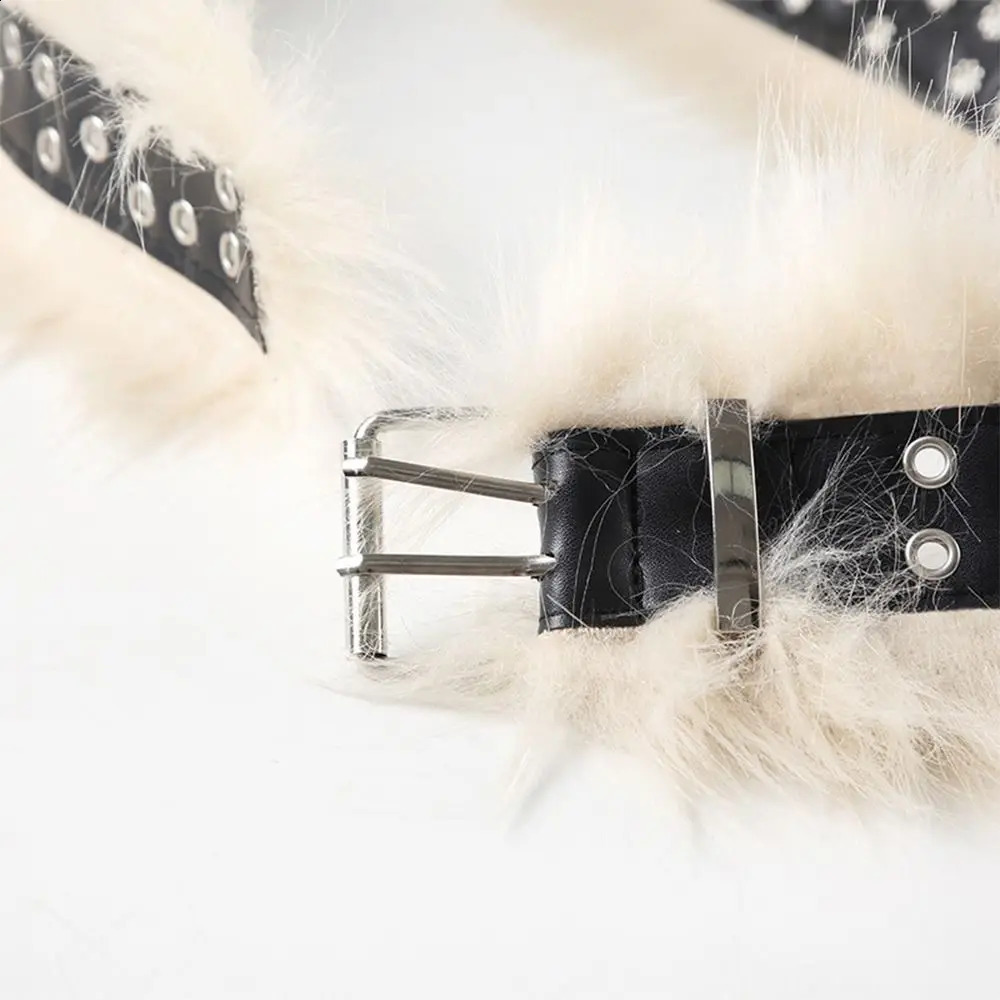 Punk PU Leather Fur Belt Y2K Metal Studded Plush Waist Chain Faux Fur Belts Furry Sexy Vintage Waistband Hiphop Jeans Belt 251027