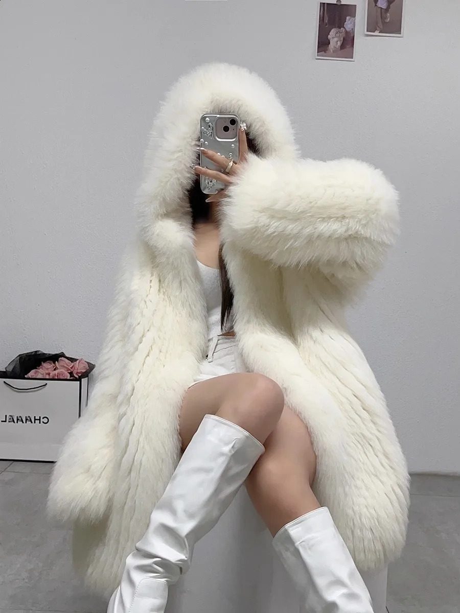 winter big white bear 85Cm long fox fur doublesided woven European fur coat for women 251027