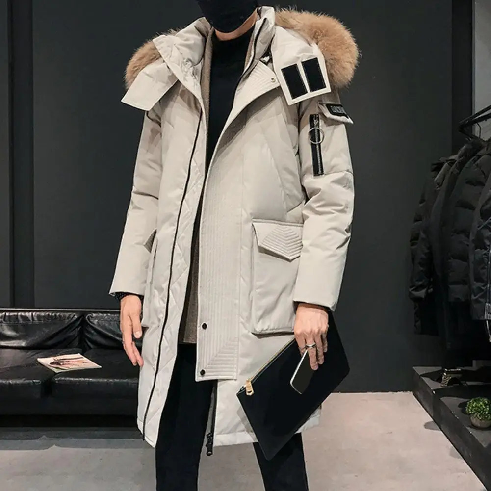 Men Down Jacket Fur Collar Hooded Long Sleeve Solid Color Winter Coat Zipper Placket Pockets Thickened Puffer Outwear 251023