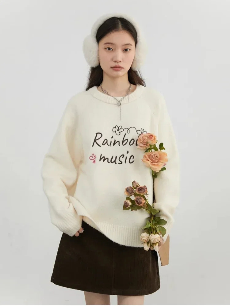 CHIC VEN Women Sweaters Casual Loose Oneck Letter and Flower Embroidered Jumpers Female Knitted Pullover Autumn Winter 2025 251027