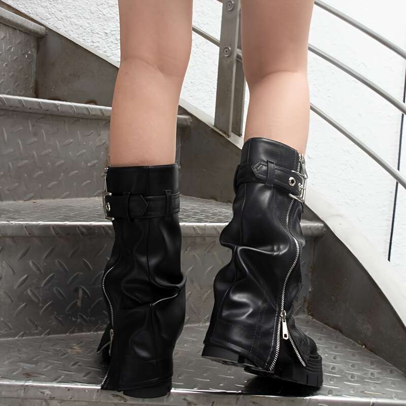 GOGD Women's European/American Style Fold Mid Calf Boots, Black, Round Toe, Platform Heel, Zipper, Chunky, Hand Washable, Solid Color, Short, Pul