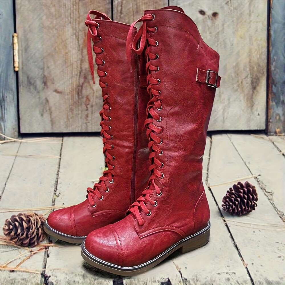 Women's Knee-High Slouch Lace-Up Opening, Low Heel Round Toe Faux Cover All-Season Zipper Closure Cushioned Insole Red/Black/Brown Western Dress,