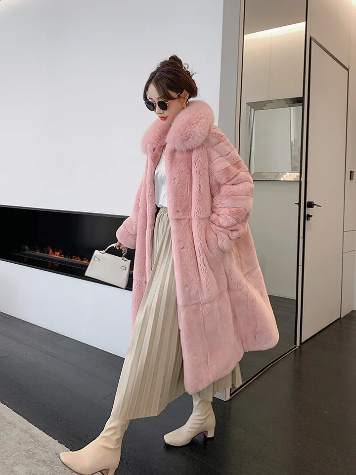 Autumn and Winter Womens Rex Rabbit Fur Water Pink Long Coat Imported Fur Integrated Fox Fur Collar 251027
