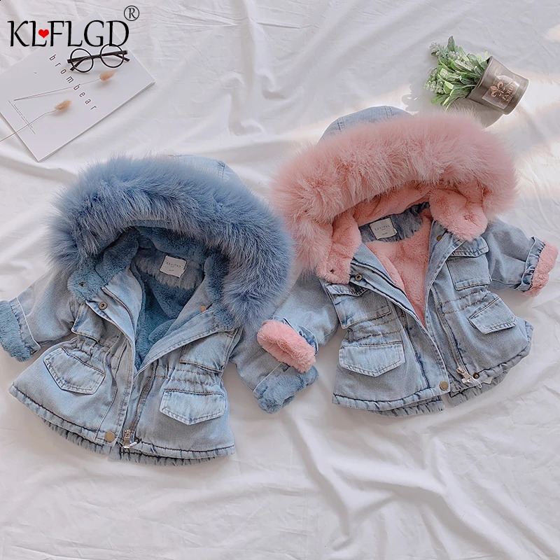 Winter Baby Girl Denim Jacket Plus Fur Warm Toddler Girl Outerwear Plush denim jacket cotton 15 Years Kids Infant Girl Parka 251027