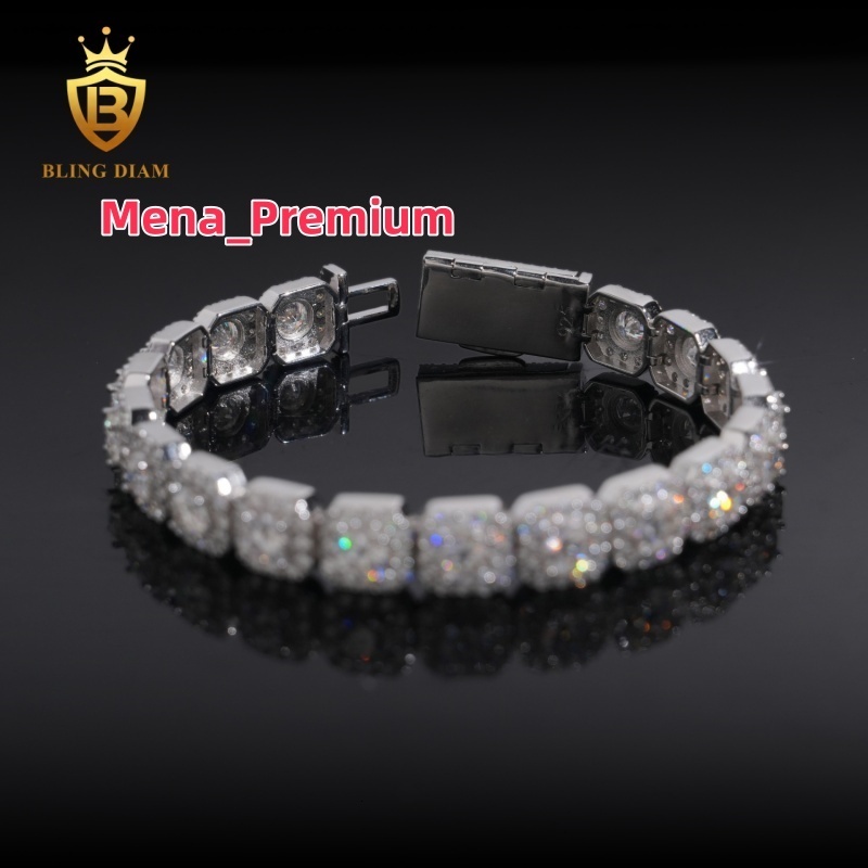 Hip Hop High Quality Fashion 10mm 925 Sterling Silver Moissanite Cluster Tennis Chain Cuban Bracelet