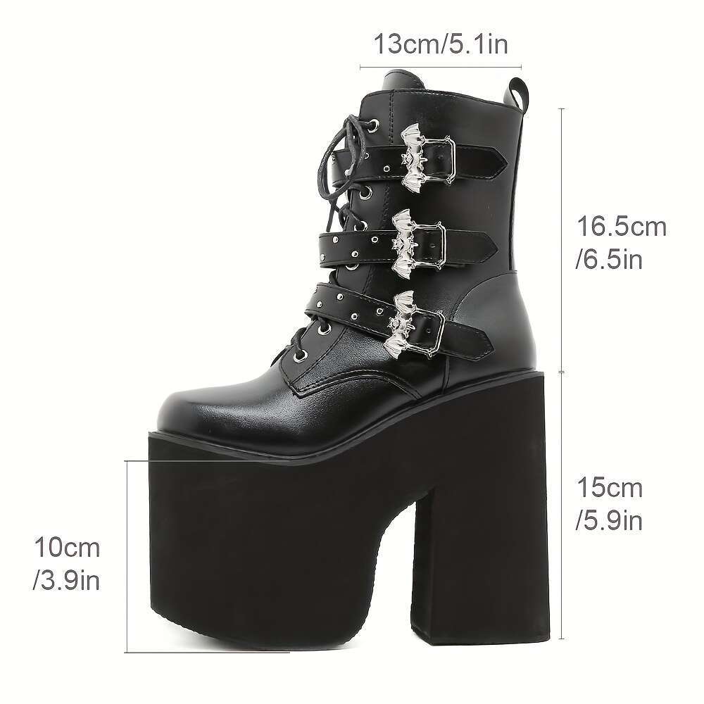Women's Mid-Calf Platform Boots, Punk Style Solid Color, With Buckle Detail, Side Zipper, And Lace-Up Front, Flannel Lined, Rubber Sole, Hand Was