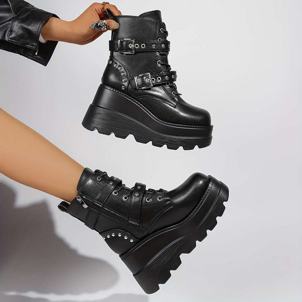 Women's Punk Style Ankle Thick Platform Sole, Side Zipper Closure Chunky Buckle Details - Black Synthetic Cover Round Toe Boots With Cushioned In