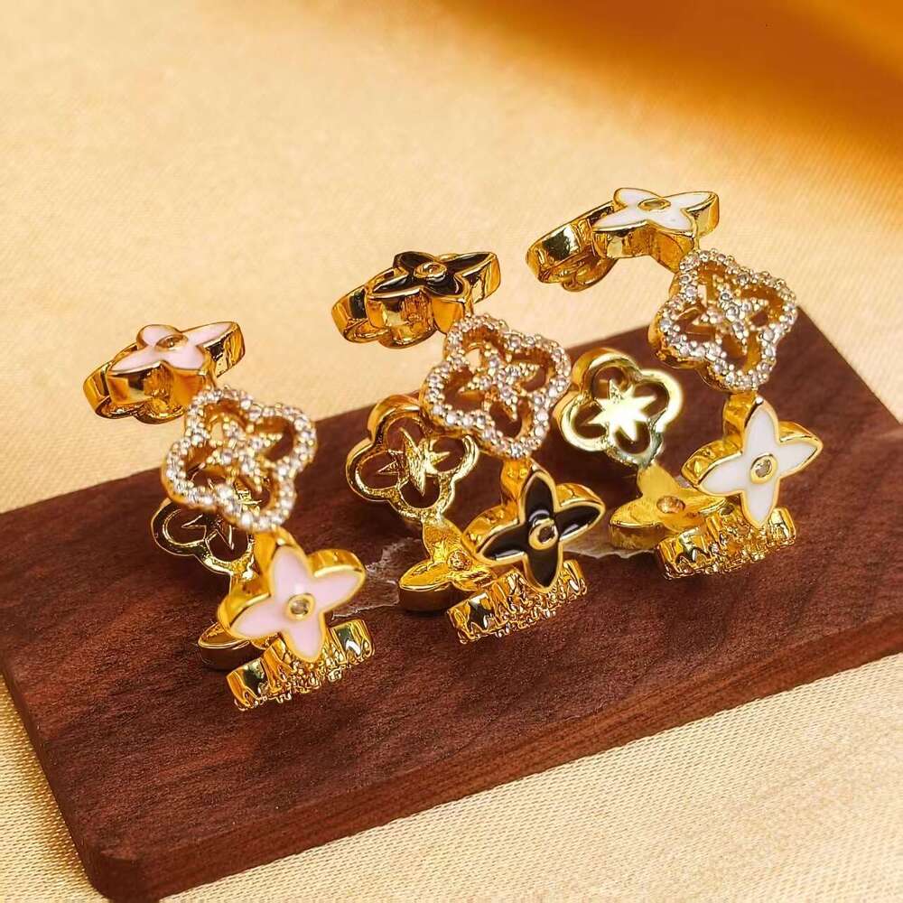 Dripping oil full diamond Four Leaf Clover Designer Jewelry For Women Adjustable light luxury High-end No Fade Ring Party Gift Freeship