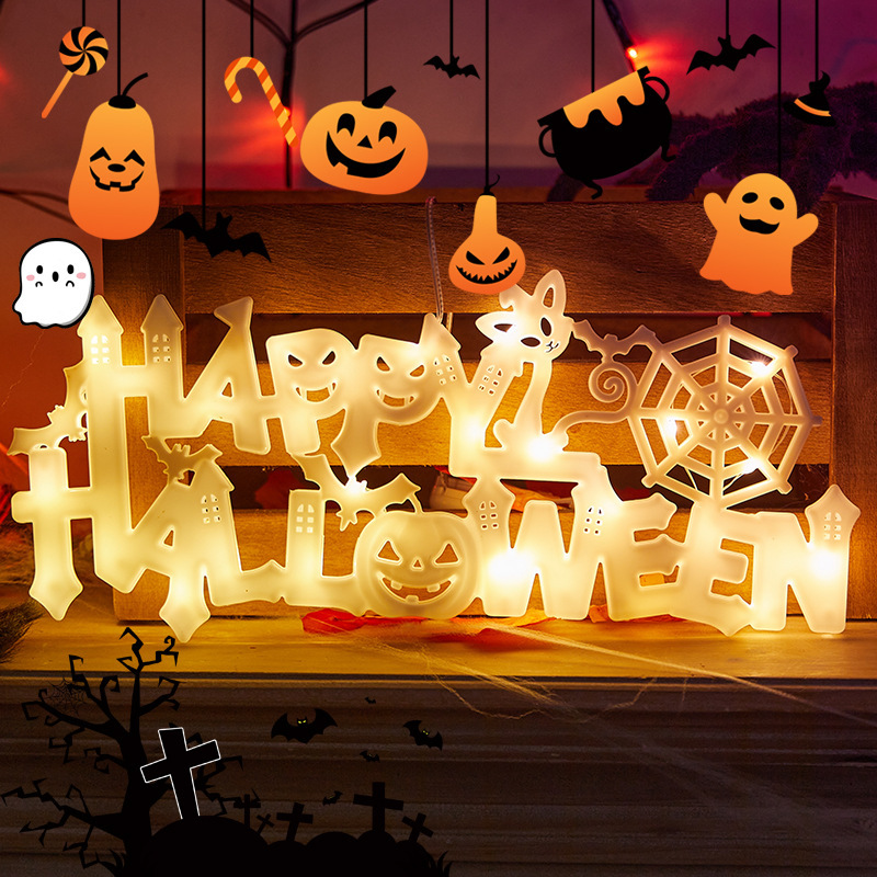 Halloween 'Happy Halloween' LED Lights - PVC Materials, Warm & Purple Tones, Flash/Steady Mode Options167---072002