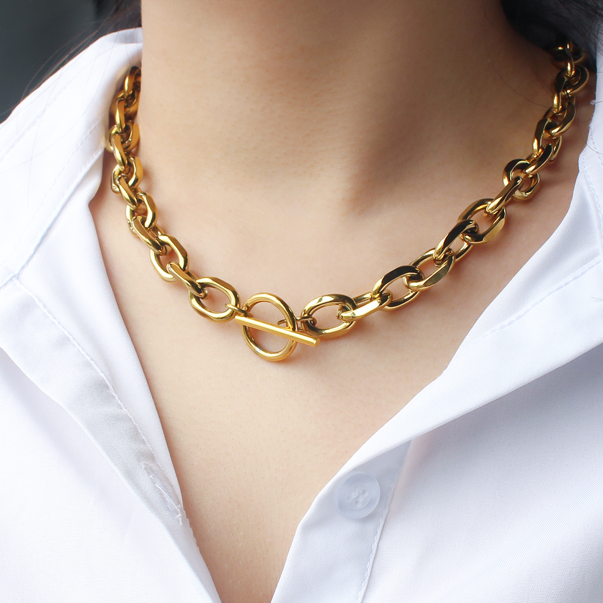 Vintage Women Jewelry Toggle Choker Necklace 18k Gold Plated Stainless Steel Thick Chunky Cuban Link Chain Necklace Women