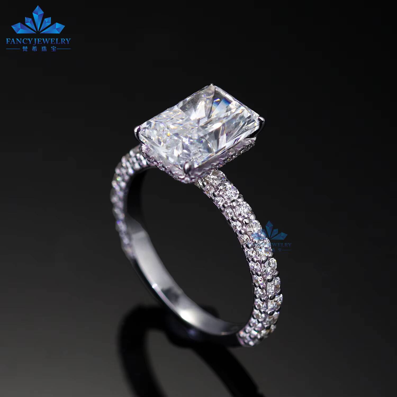 14K 18K Gold Engagement Ring Women Custom Radiant Moissanite 3 Sides Pave Ring with GRA