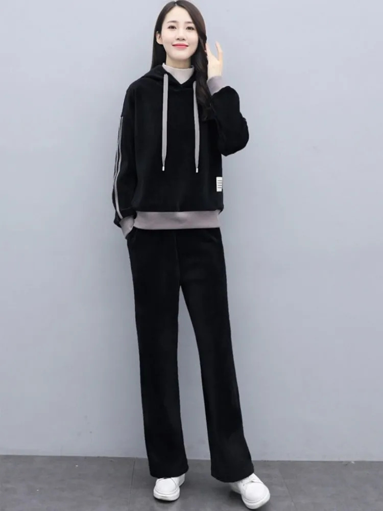 Winter Fleece Lining Thicken Warm Women Velvet Tracksuit Pullover Hooded Sweatshirt Straight Pants Running Sports Two Piece Set 251027