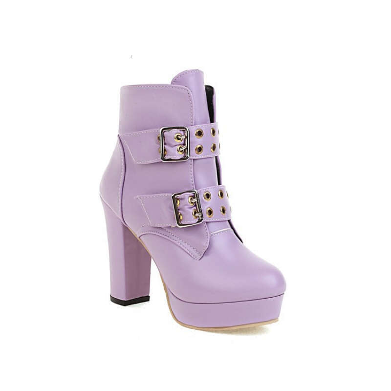 Women's Ultra High Block Heel Winter With Golden-Tone Metal Buckles Round Toe PU Upper, Thick Warm & Non-Slip Rubber Sole - Brown/Black Short Boo