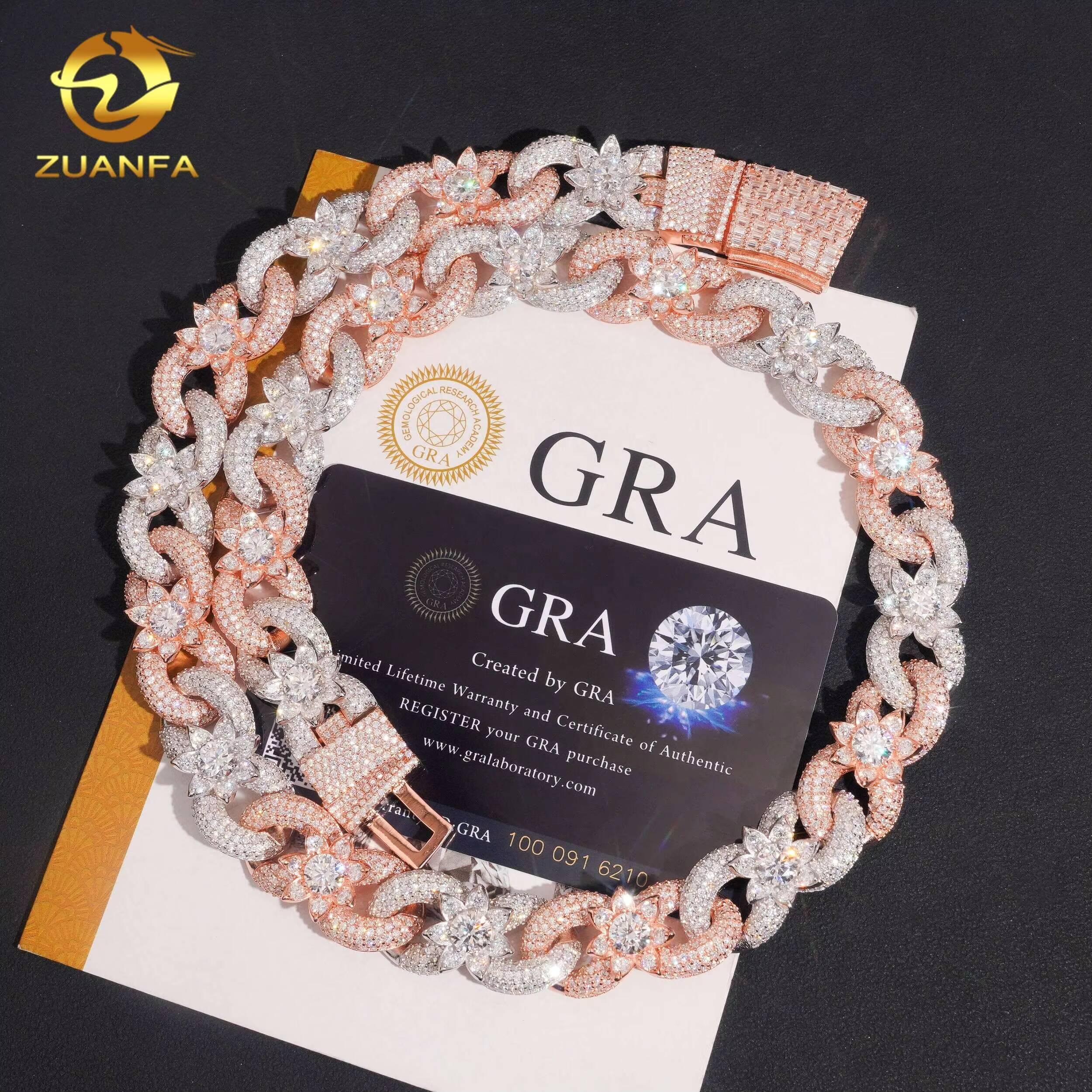 Lotus Flower Infinity Links 15mm Moissanite Chain Cuban Links Thick Heavy 925 Silver Cuban Link Chain Necklace 2 Tone