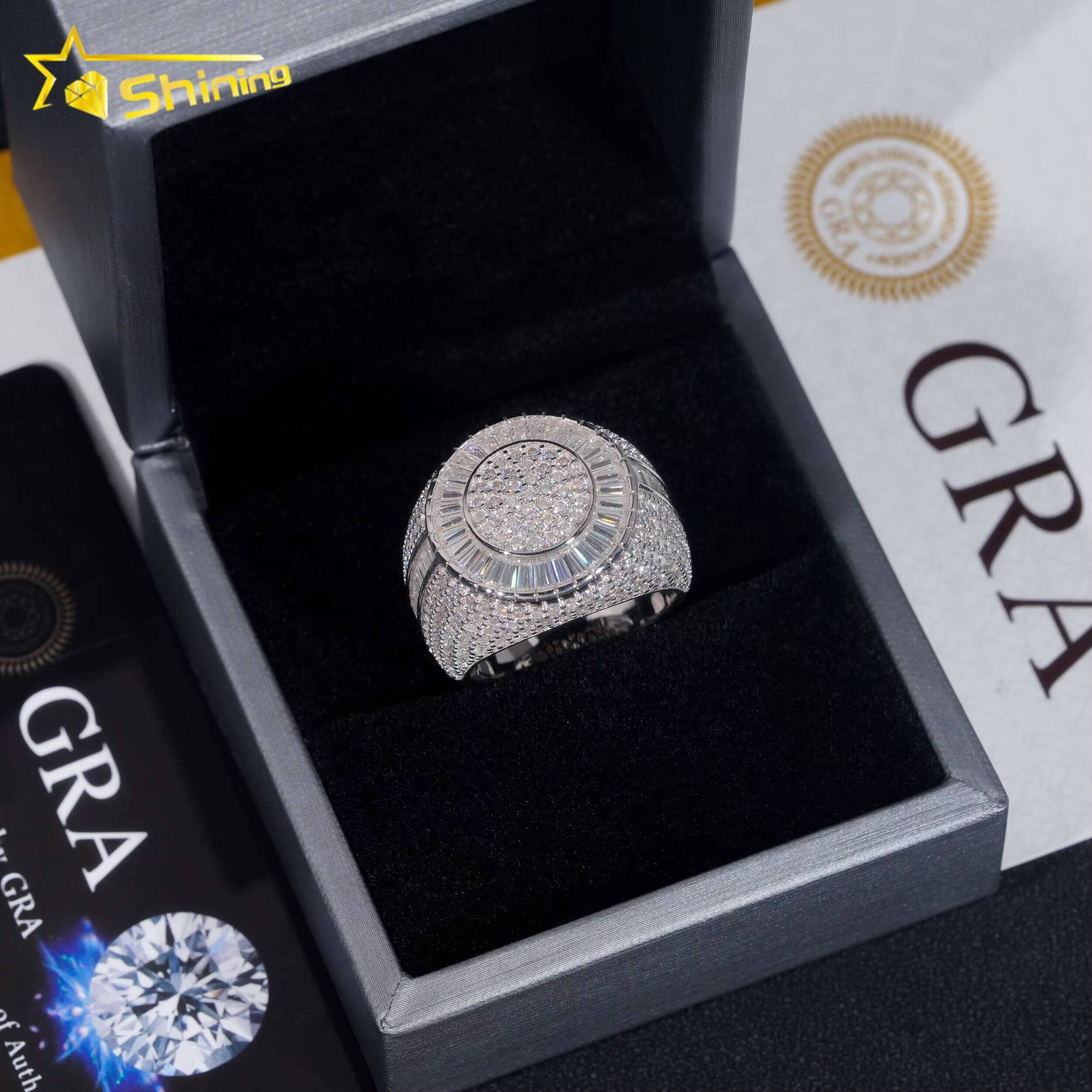 Ready to Ship New Arrival Iced Out Baguette Moissanite Diamond 925 Silver Gold Plated Hip Hop Rings for Men
