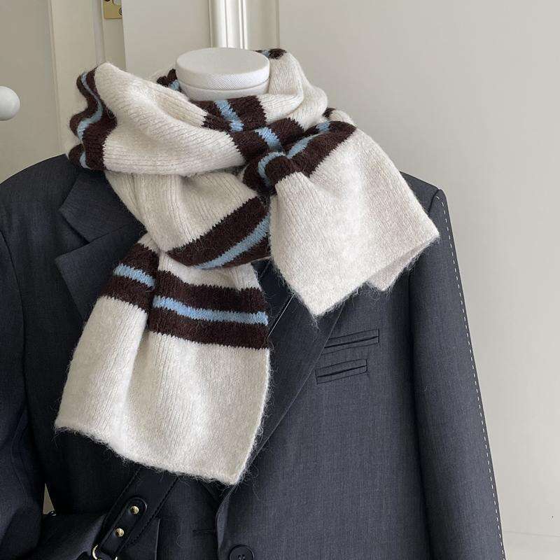 Korean Boutique Same Color-Block College Style Striped Scarf Women Soft Warm Woolen Neck Warmer with Wool for Winter