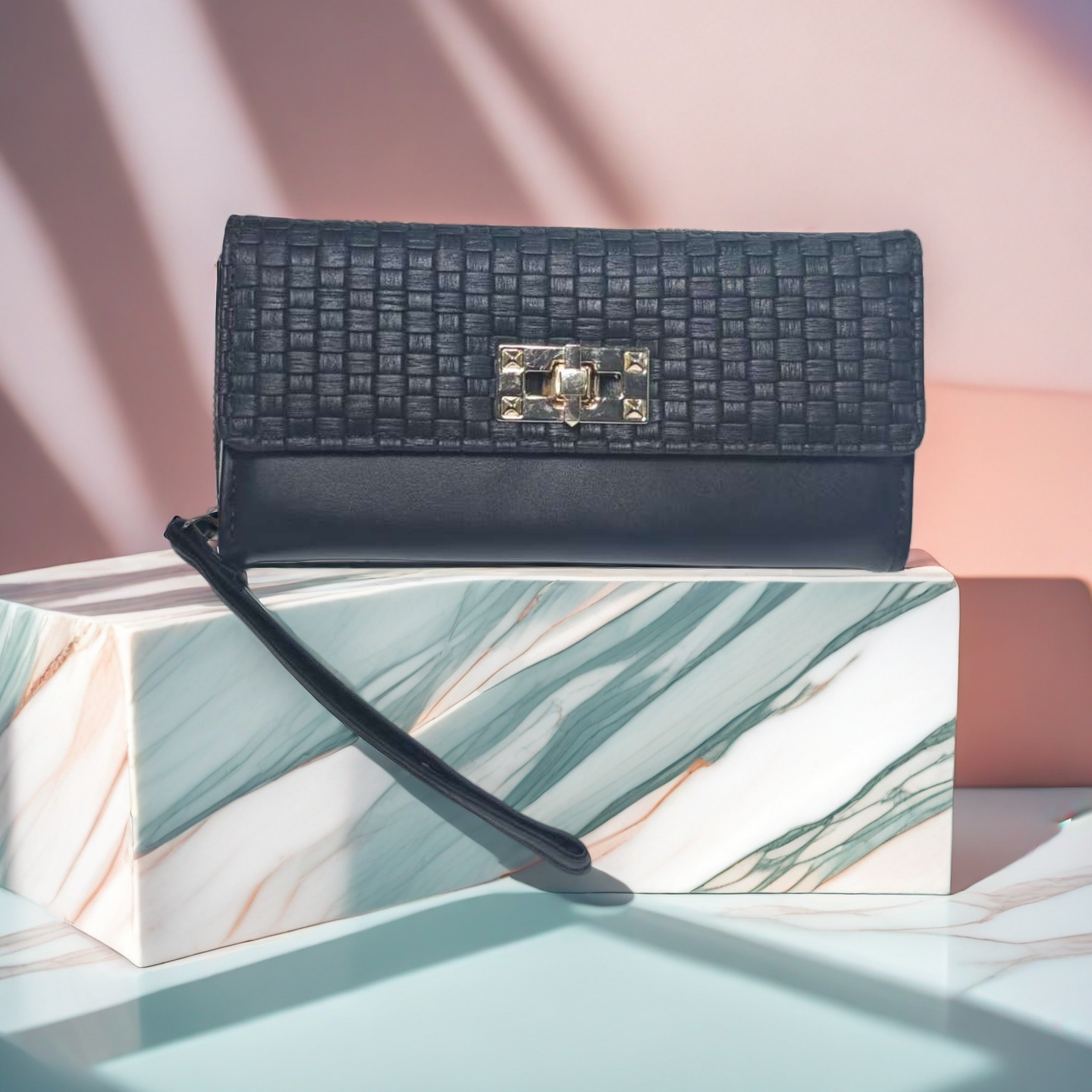 Wallets Women's Pink Woven Leather Clutch Wallet with Wristlet Strap - Gold Lock Accent, Textured Design, Large Capacity Purse for Daily & Party 