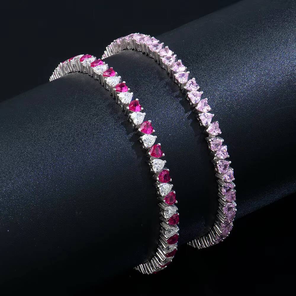 Wholesale Custom 925 Sterling Silver Womens Tennis Chain Bracelet 3mm With Heart Diamonds Pink Vvs Featuring Zircon Moissanite