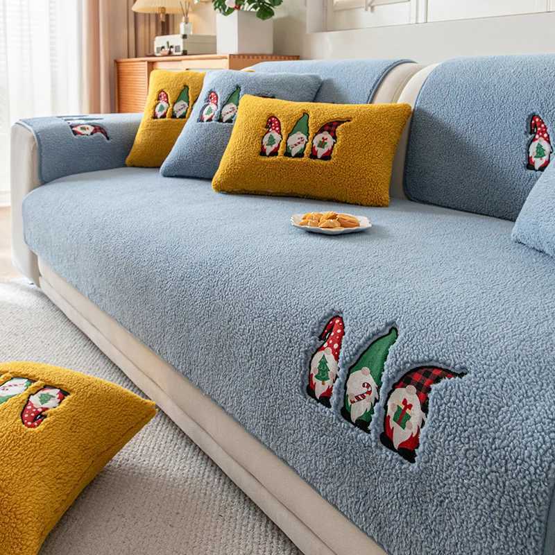 Lamb Wool Santa Claus Embroidered Sofa Cushion Thick AntiSlip Sofa Cover for Living Room Warm Cloth Towel for Autumn Winter C251028