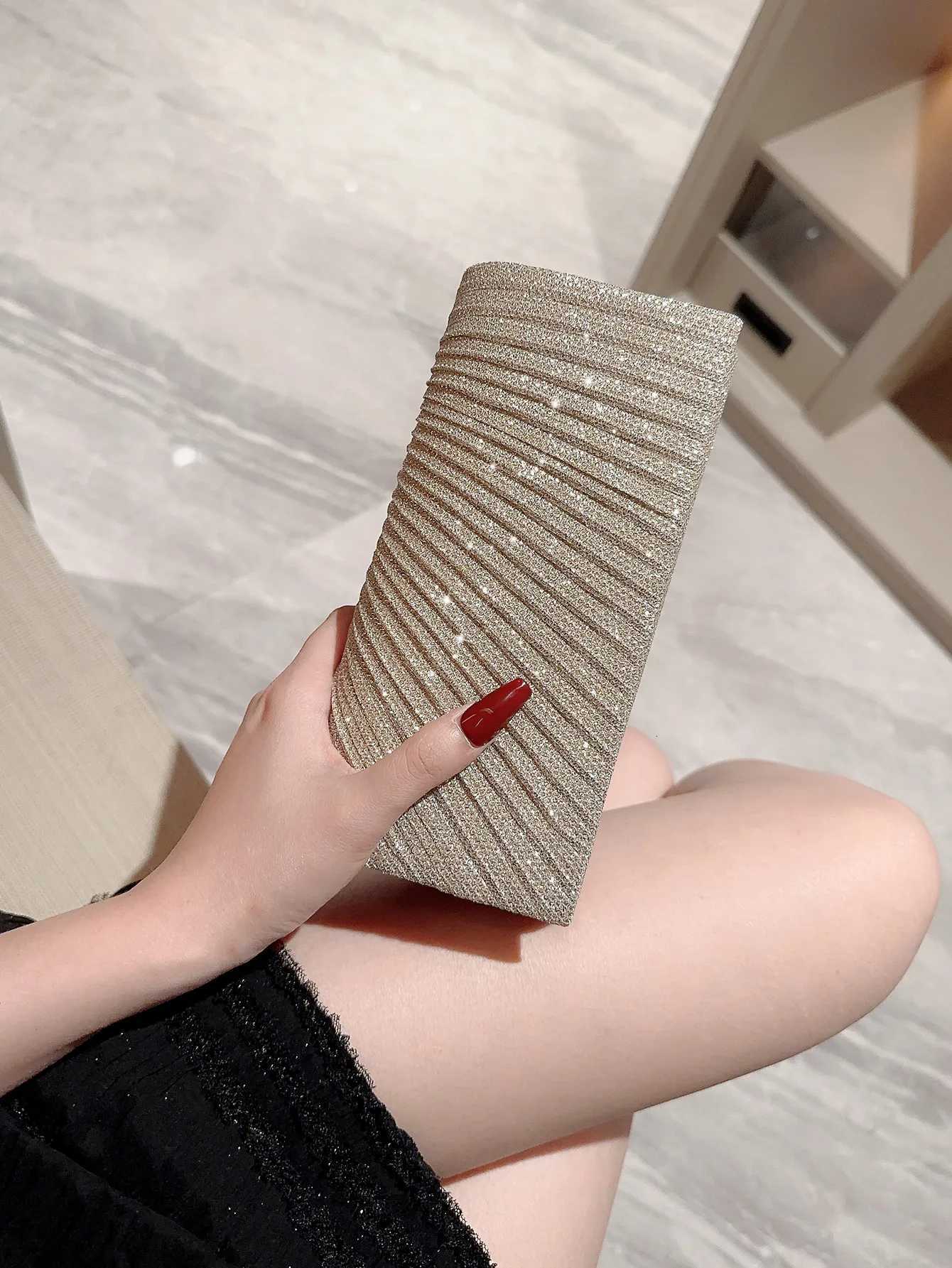Womens Classic Pleated Design Sparkling Evening Bag Mini Clutch Banquet Bag Dress Bag Party Bag Evening Bag Chain Bag H251027