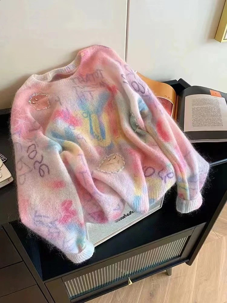 Fashion Lazy Autumn Letters Printed Soft Loose Sweater Tops Casual Women O Neck Knitted Mohair Diamonds Knitwear Pullovers 251027