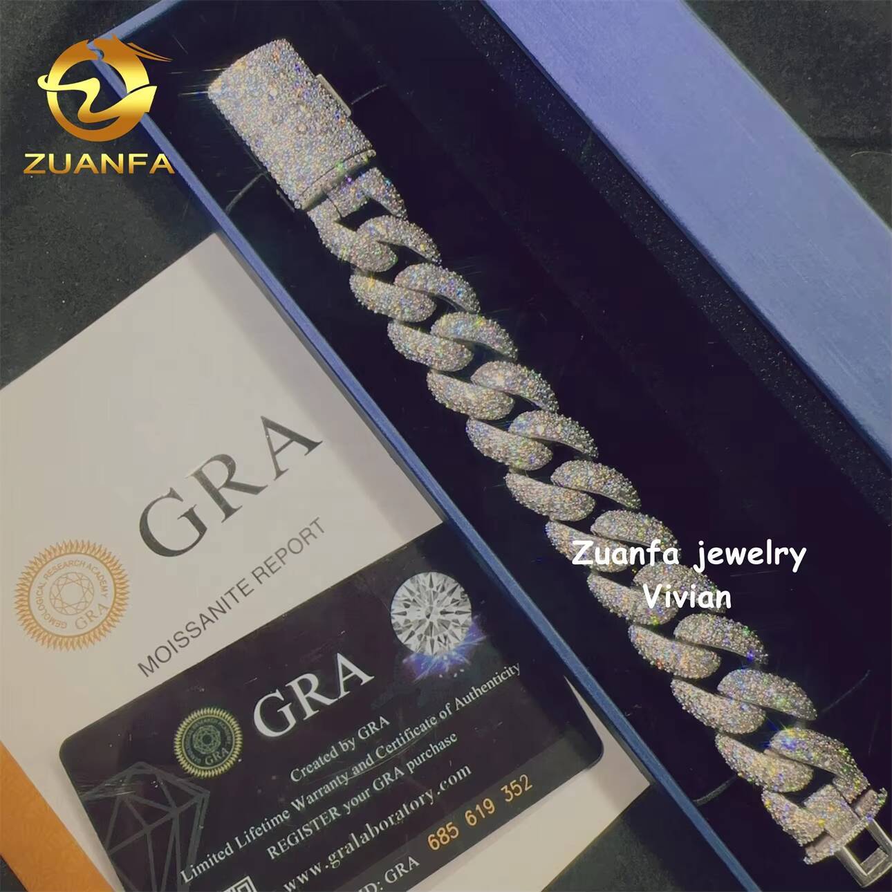 GRA Certificated 18mm Vvs Moissanite Hip Hop Jewelry Iced Out Silver 925 Diamond Cuban Bracelet Cuban Link Chain