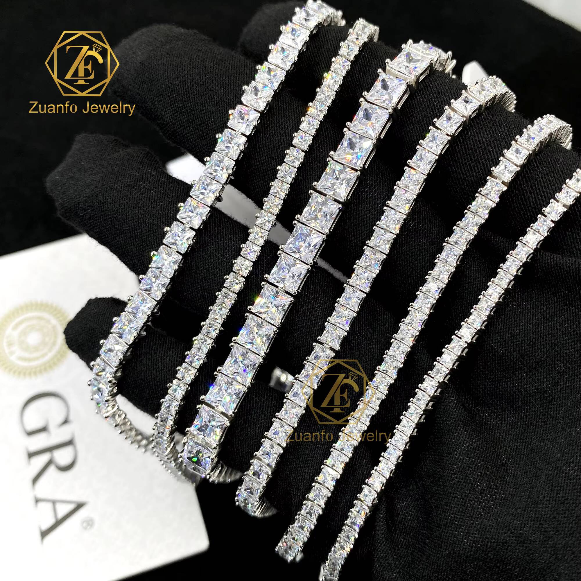 New Trendy 925 Sterling Silver D VVS Princess Cut Moissanite Diamond Tennis Chain Bracelet Iced Gold Vintage Style Mens Womens